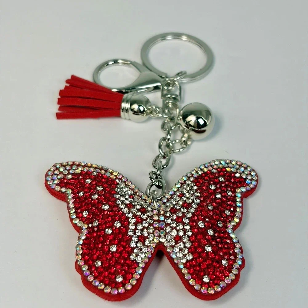 Boutique Red Crystal Butterfly Bag Charm Keychain Y2K Sparkly‎ Suede Tassel 6